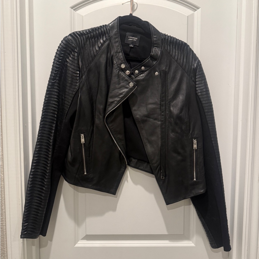 Lamarque cropped Black Leather moto Jacket
